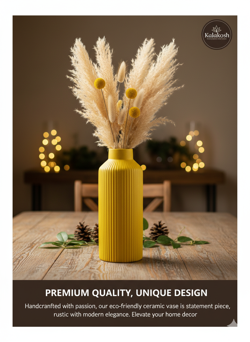 Handcrafted Yellow Fluted Ceramic Planter | Eco-Friendly Clay Vase for Rustic Home & Office Decor | Artisan Table Centerpiece | Unique Gifting