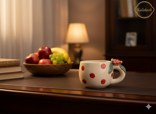 Charming Polka Dot Ceramic Coffee/Tea Mug with 3D Rose Handle | Unique Home Decor, Office Use & Gifting | Premium Stoneware Cup