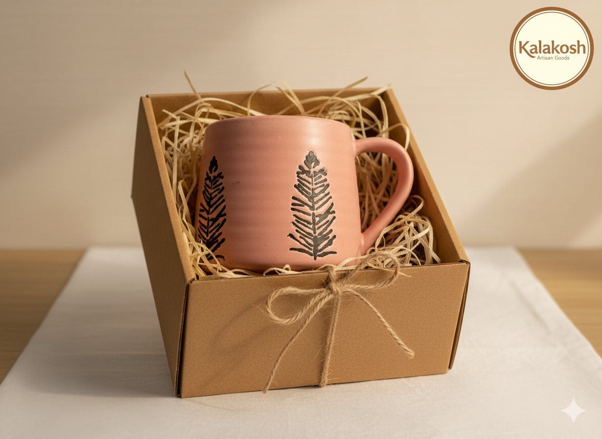 Handcrafted Terracotta Clay Coffee Mug | Pink Aesthetic | Black Fern Leaf Design | Rustic Home Decor & Office Use Tea Cup | Unique Gifting