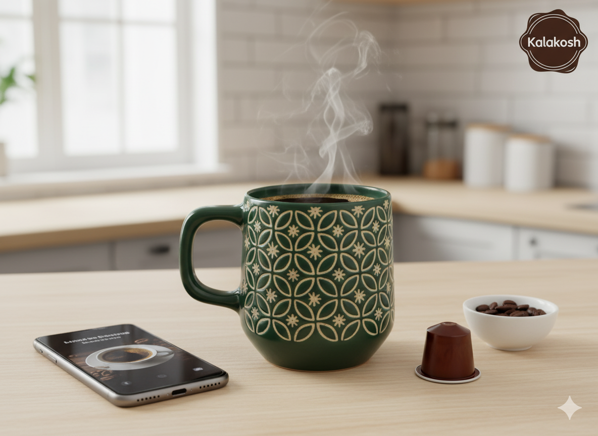 Premium Embossed Ceramic Coffee Mug (400ml) | Dark Green Home Decor Tea Cup | Stylish Office Use & Home Kitchen Beverage Drinkware