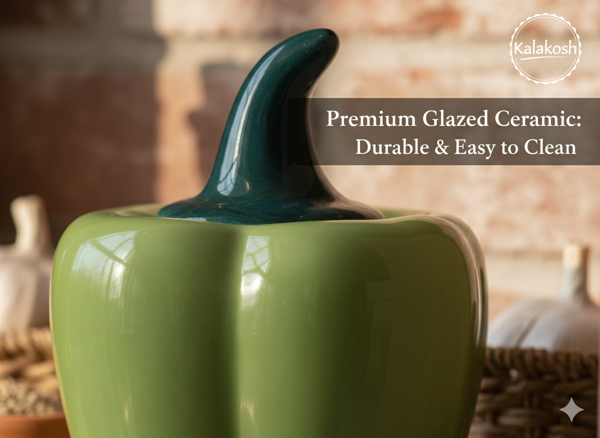 Premium Green Ceramic Pickle Jar Container with Lid | Unique Bell Pepper Shape | Multipurpose Kitchen Storage, Home Decor Vase, Office Use, Home Use | Ideal Gifting