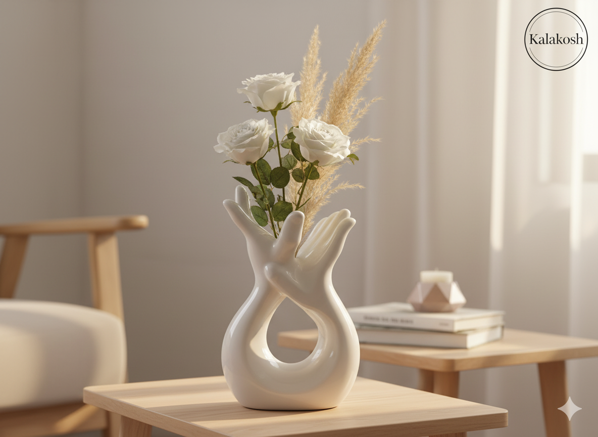 Modern Hand Sculpture Home Decor Vase | Glossy White Ceramic for Flowers, Office Use, Home Use, Table Centerpiece | Unique Artistic Gift