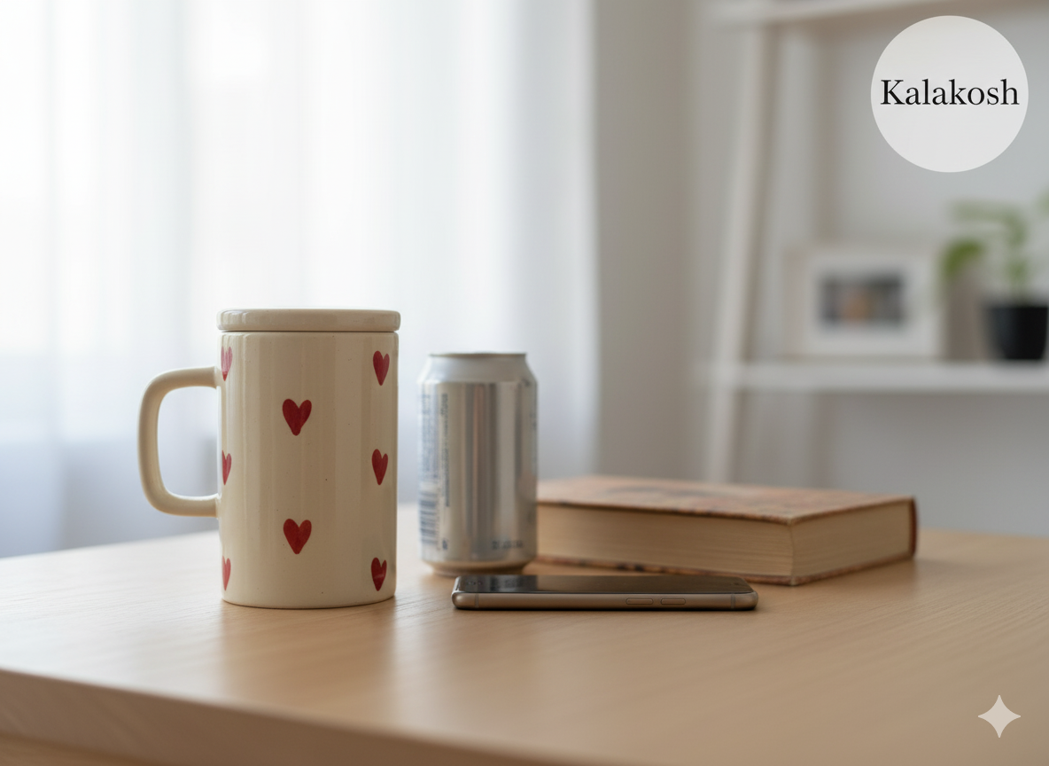 Handmade Ceramic Coffee Mug with Lid - Red Heart Pattern | Premium Tea Cup for Home Decor Office Use Gifting | Home Use Home Decor Vase Style