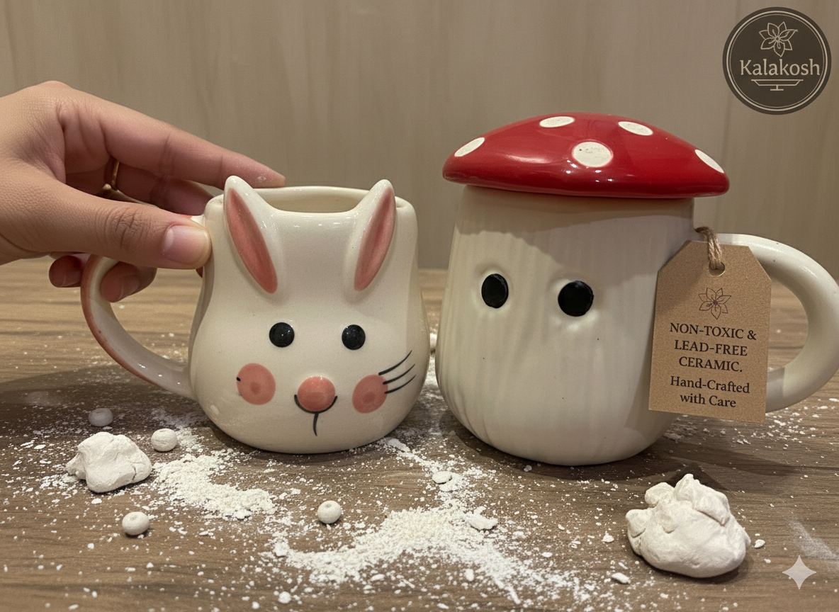 Kawaii Ceramic Coffee Mug Set for Home Decor, Office Use, & Gifting | Cute Bunny & Mushroom Tea Cups Combo | Premium Aesthetic Home Use