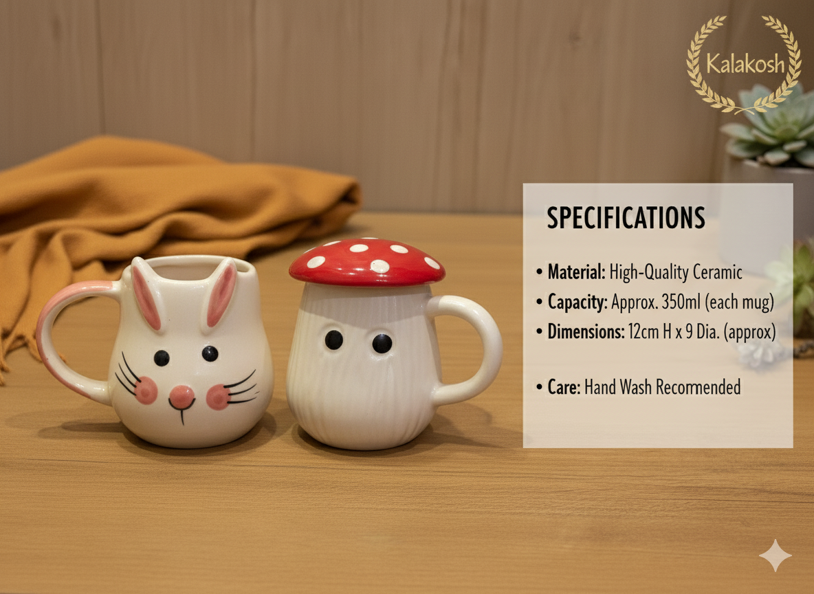 Premium Rabbit & Mushroom Ceramic Coffee Mug Set | Cute Tea Cups Combo for Home Decor, Kitchen, Office Use | Aesthetic Gifting for Women & Girls