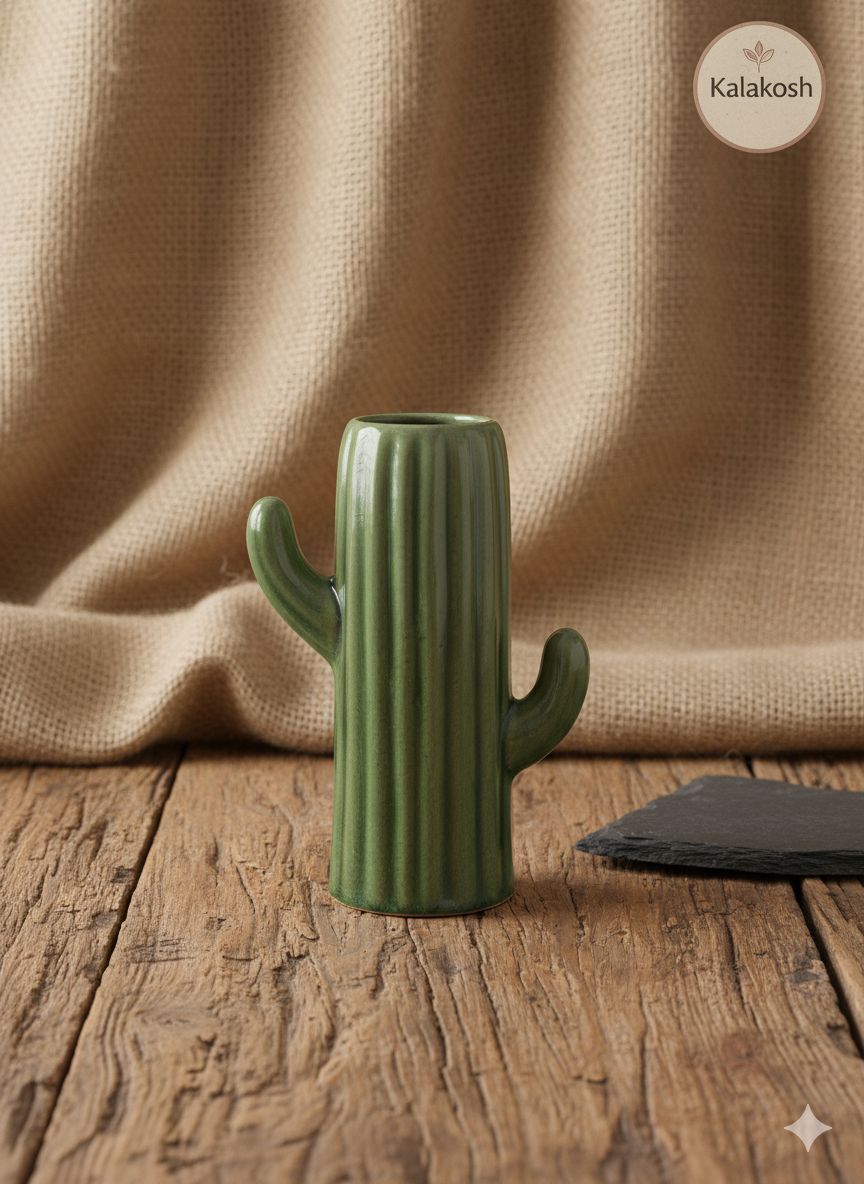 Handcrafted Ceramic Cactus Planter for Desk, Home & Office Décor | Eco-Friendly Clay Pot & Stationary Organizer | Rustic Table Décor Gift