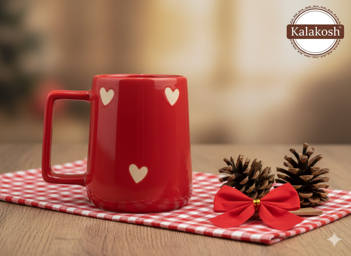 Premium Red Ceramic Coffee Tea Mug for Home Decor, Office Use, and Gifting | Cute Heart Design, Glossy Finish, 300ml | Ideal Home Use Kitchenware, Festive Home Decor Vase