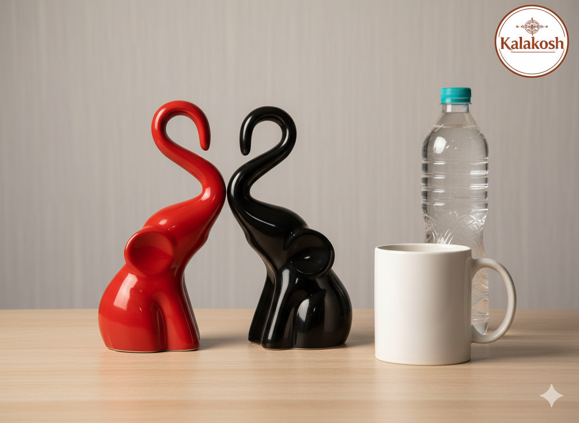 Artisanal Ceramic Elephant Planters Pair | Rustic Home Decor & Office Table Showpiece | Eco-Friendly Clay Figurine for Gifting | Black & Red