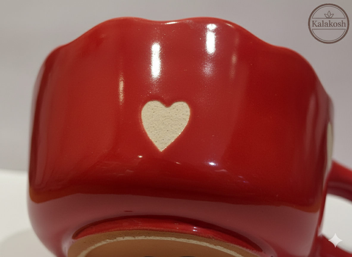 Handcrafted Red Ceramic Coffee Mugs (Set of 1) with Heart Design | Eco-Friendly Clay Mugs for Home & Office Use | Rustic Artisanal Tea