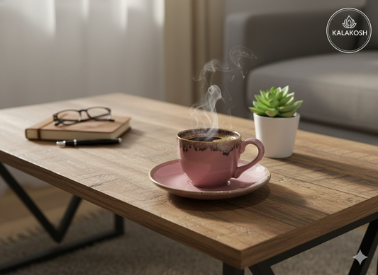 Kalakosh Handcrafted Premium Pink Drip Glaze Ceramic cup with Saucer Set – Premium Pink Drip Glaze Stoneware for Home Decor, Office Use, and Gifting – Rustic Home Decor Piece for Kitchen & Dining