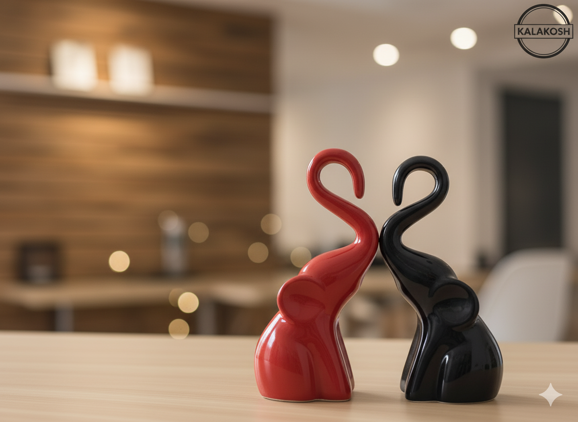 Artisanal Ceramic Elephant Planters Pair | Rustic Home Decor & Office Table Showpiece | Eco-Friendly Clay Figurine for Gifting | Black & Red