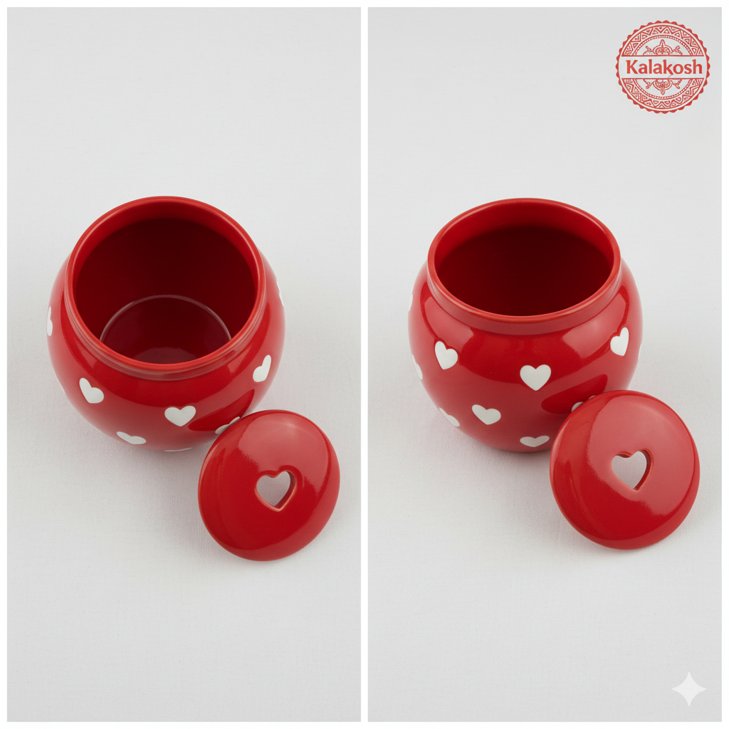 Red Ceramic Jar/Pickle Container with Heart Design | Airtight Kitchen Storage | Home Decor Vase | Office Use | Premium Gifting