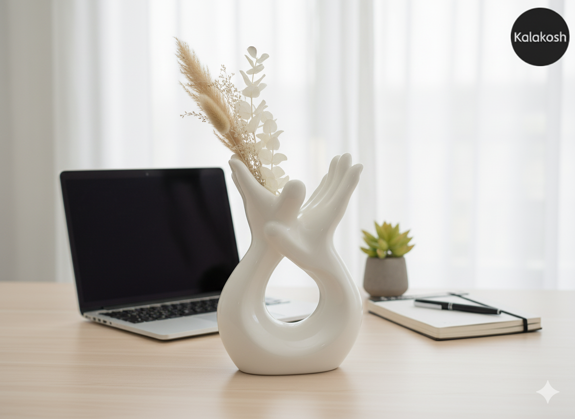 Modern Hand Sculpture Home Decor Vase | Glossy White Ceramic for Flowers, Office Use, Home Use, Table Centerpiece | Unique Artistic Gift
