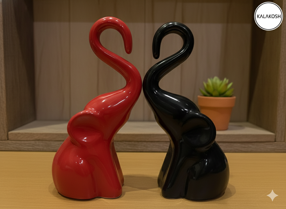 Artisanal Ceramic Elephant Planters Pair | Rustic Home Decor & Office Table Showpiece | Eco-Friendly Clay Figurine for Gifting | Black & Red