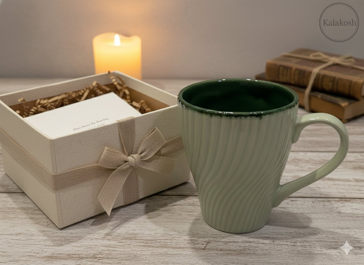 Premium Ceramic Coffee Mug for Home and Office Use - 350ml Fluted Tea Cup for Kitchen & Dining - Aesthetic Drinkware for Hot Beverages - Elegant Home Decor Gift Item (Sage & Forest Green)