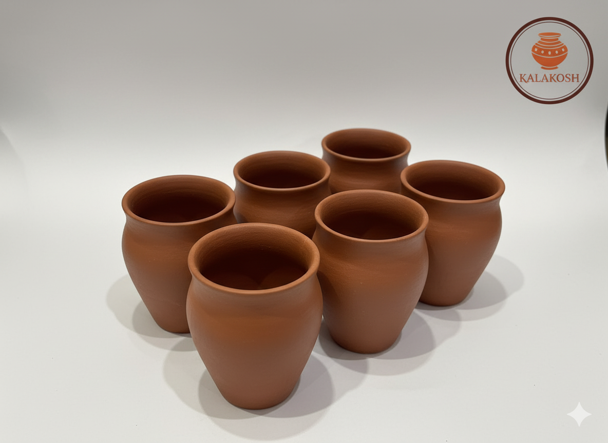 Authenticated Handcrafted Terracotta / Clay Reusable Glass / Kulhad (250 ml) - Set of 6 || Natural Earthen Clay Serve Ware for Tea / Coffee, Hot and Cold Beverages & Traditional Dining