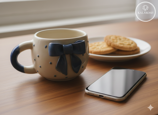 Premium Ceramic Coffee Mug with 3D Blue Bow & Polka Dots – Cute Aesthetic Tea Cup for Home Decor, Office Use & Gifting – Handcrafted Decorative Drinkware for Kitchen & Home Decor Vase Utility