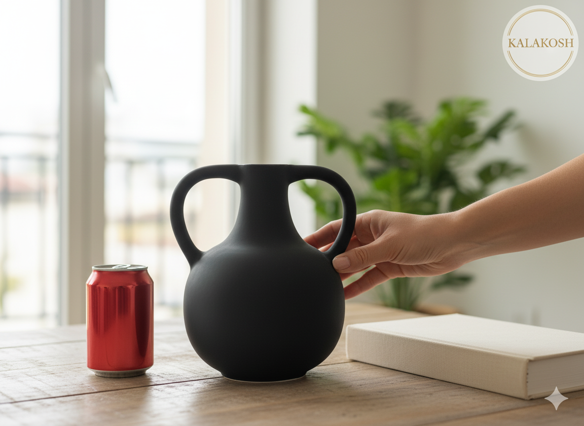 Premium Matte Black Double Handle Bottle Vase Planter | Modern Home Décor | Office Use, Living Room Accent, Clay Terracotta