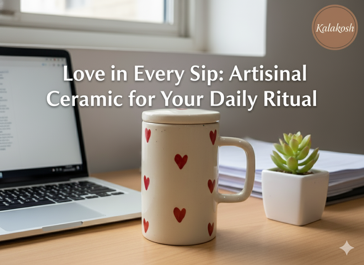 Handmade Ceramic Coffee Mug with Lid - Red Heart Pattern | Premium Tea Cup for Home Decor Office Use Gifting | Home Use Home Decor Vase Style