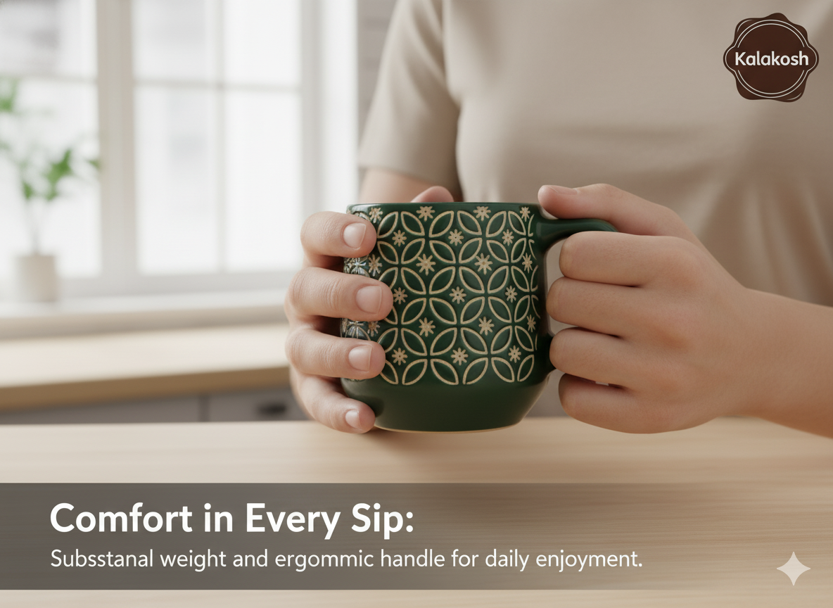 Premium Embossed Ceramic Coffee Mug (400ml) | Dark Green Home Decor Tea Cup | Stylish Office Use & Home Kitchen Beverage Drinkware