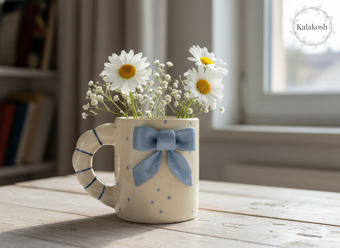 Handmade Ceramic Coffee Mug with 3D Blue Bow & Sculpted Handle – Premium Home Decor Aesthetic Tea Cup for Office & Home Use – Unique Birthday Gift for Women & Girls – 350ml Blue & Cream