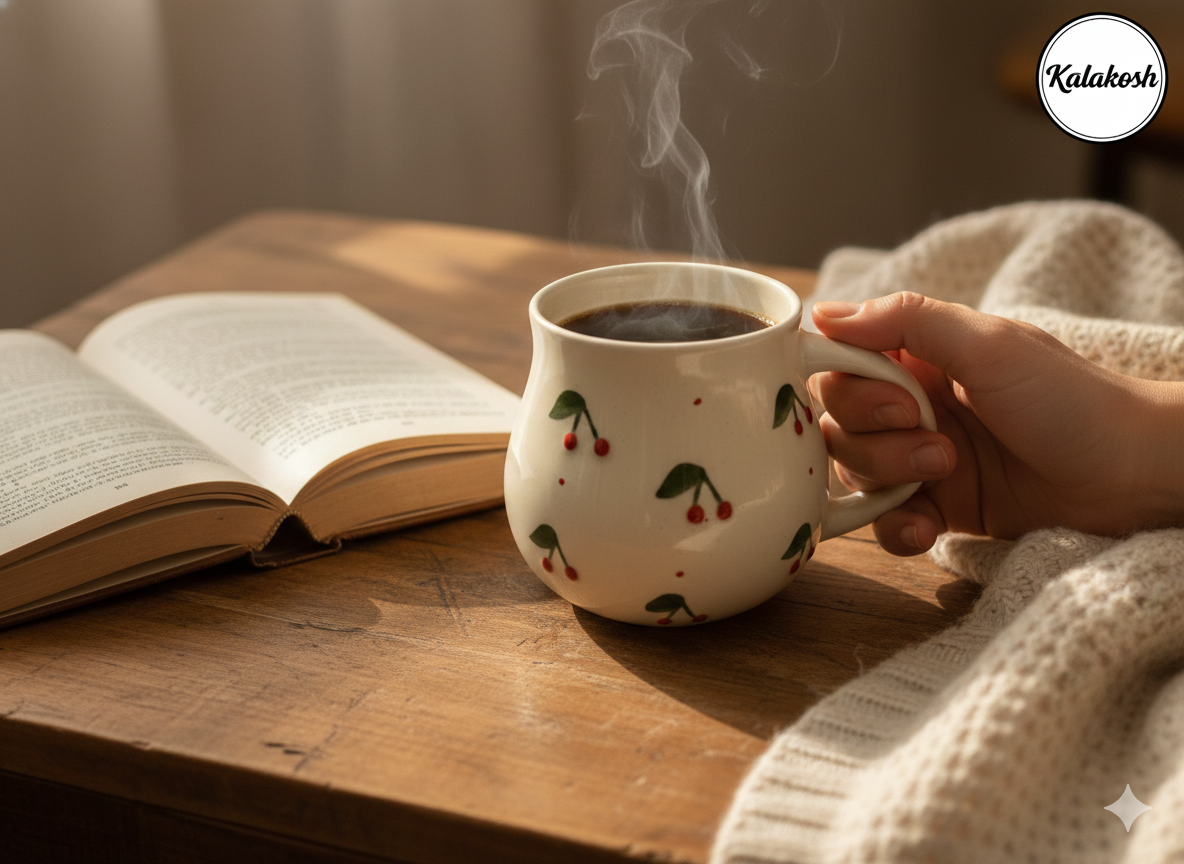 Handcrafted Ceramic Tea/Coffee Mug – Cherry Pattern, Home Decor, Office Use, Premium Aesthetic, Gifting Idea, Home Use