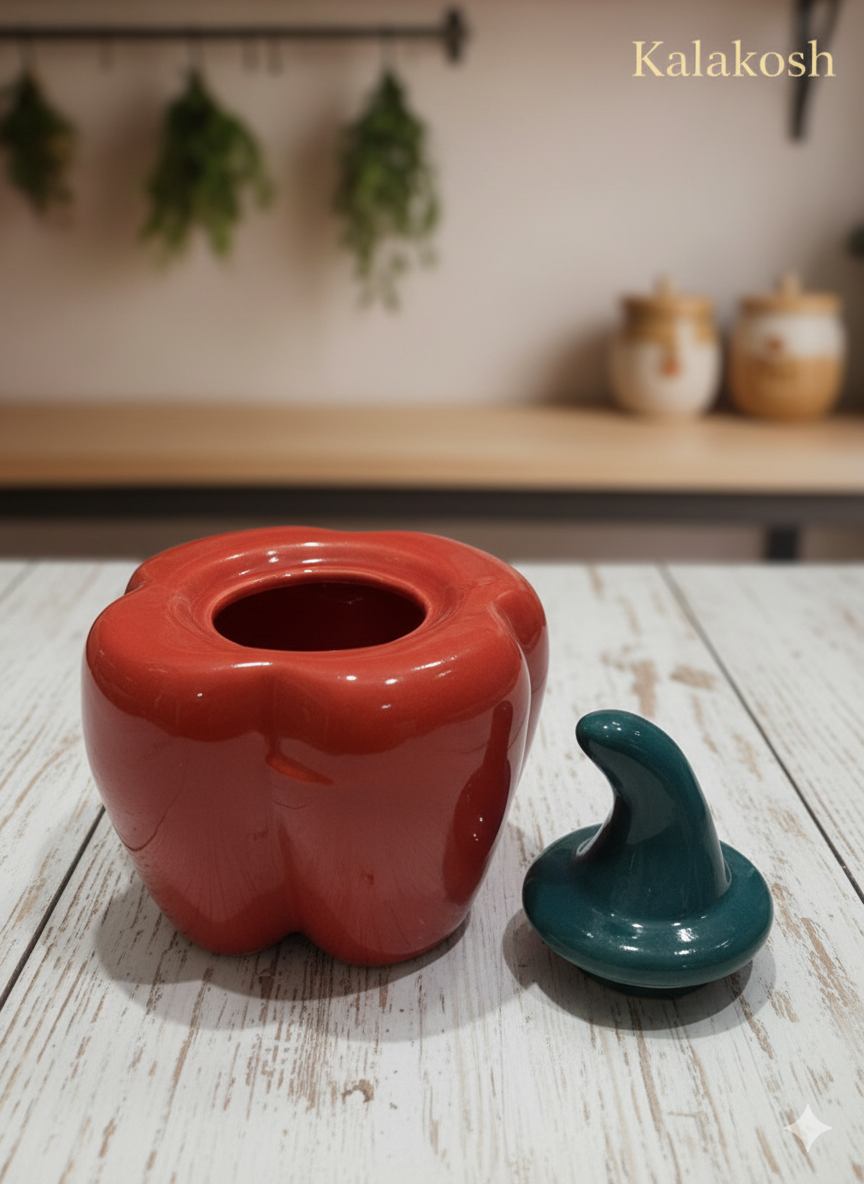 Premium Ceramic Red Bell Pepper Pickle Jar with Lid | Multipurpose Home Décor Vase Office Use Container Storage Decorative Gift