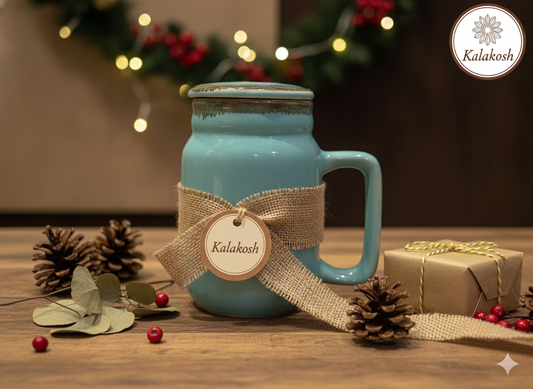 Premium Ceramic Tea Coffee Mug with Lid | Large Handcrafted Stoneware | Aqua Blue Glazed Home Decor Vase Kitchen Home Office Use | Premium Gifting