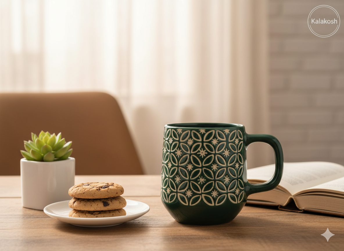 Premium Embossed Ceramic Coffee Mug (400ml) | Dark Green Home Decor Tea Cup | Stylish Office Use & Home Kitchen Beverage Drinkware