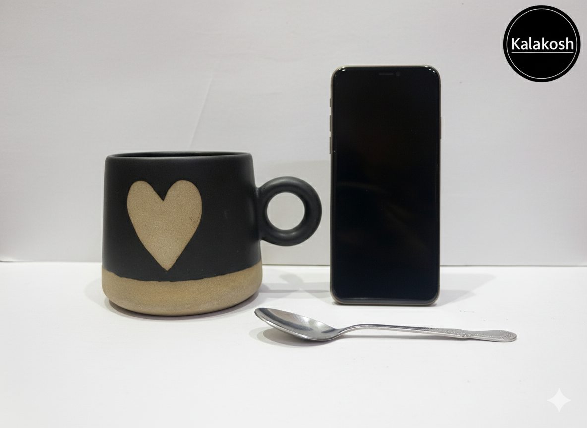 Handmade Black & Terracotta Heart Mug | Premium Ceramic Coffee Cup for Home Use & Office | Unique Home Decor Piece & Perfect Gifting Idea