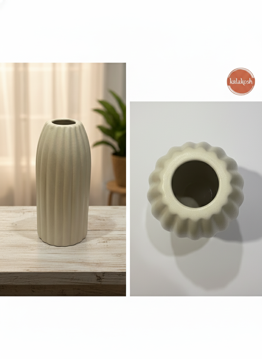 Premium Ceramic Ribbed Home Decor Vase | Modern Minimalist Design for Living Room, Office Use, and Thoughtful Gifting