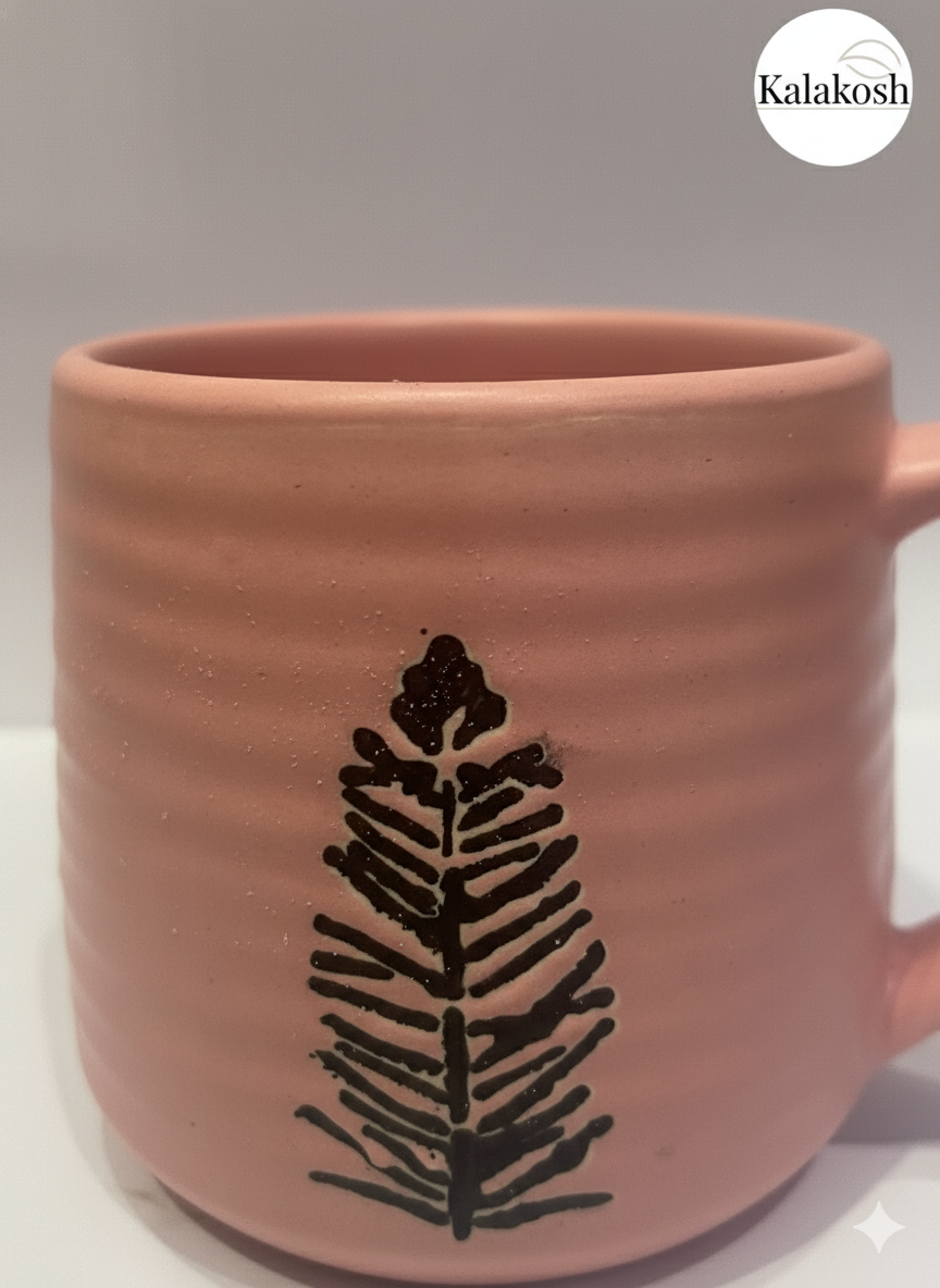 Handcrafted Terracotta Clay Coffee Mug | Pink Aesthetic | Black Fern Leaf Design | Rustic Home Decor & Office Use Tea Cup | Unique Gifting