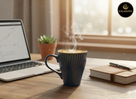 Premium Ceramic Coffee Mug with Spiral Ribbed Texture - Elegant Blue & Gold Stoneware Tea Cup for Home Decor, Office Use & Gifting - 350ml Glossy Finish Microwave Safe Drinkware