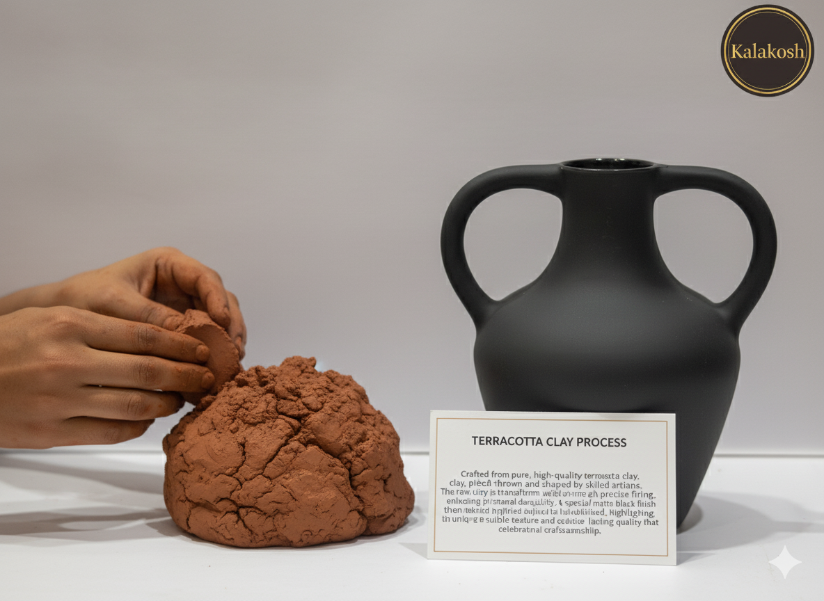 Premium Matte Black Double Handle Bottle Vase Planter | Modern Home Décor | Office Use, Living Room Accent, Clay Terracotta