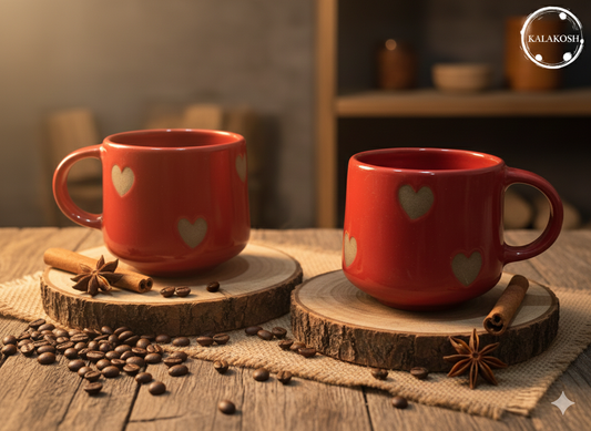 Handmade Ceramic Coffee Mugs Set of 2 Red Heart Design Father Son Duo Mugs Combo for Home Decor Home Use Office Use & Gifting Premium Tea Cups with Ergonomic Handle Large Glossy Finish Cups