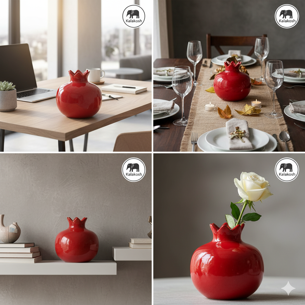 Premium Red Pomegranate Home Decor Vase | Glossy Ceramic Decorative Showpiece for Home Use, Office, Living Room Tabletop | Unique Gifting