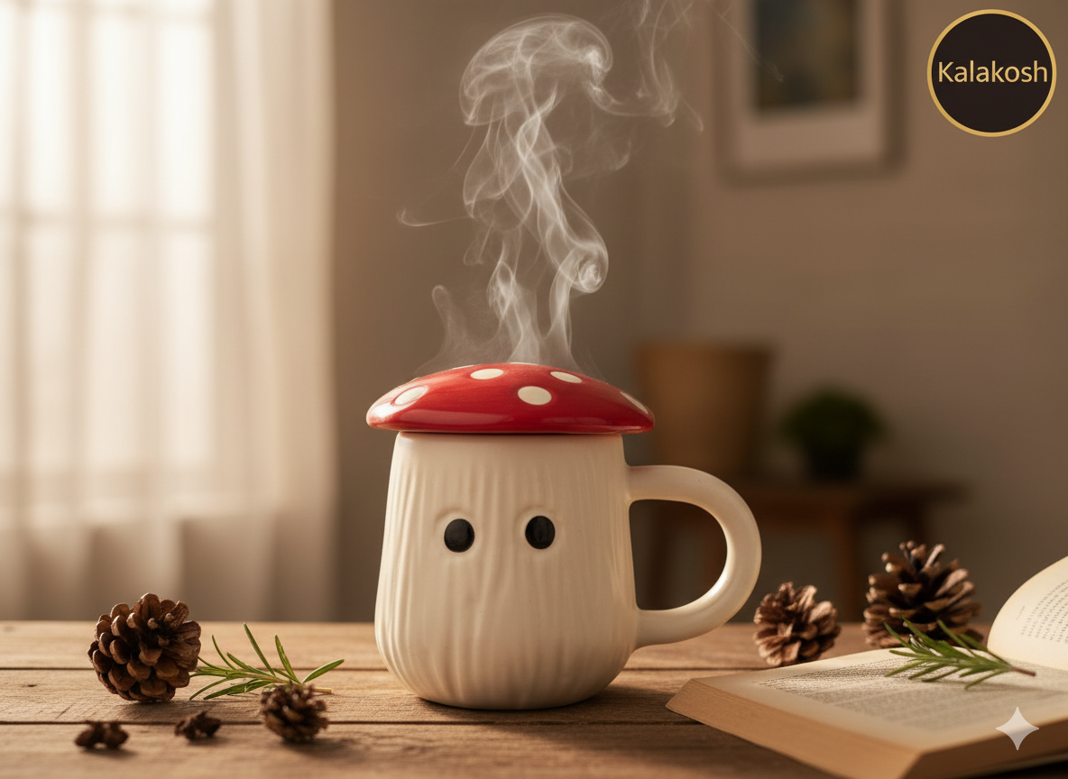 Handcrafted Ceramic Mushroom Coffee Mug with Lid | Eco-Friendly Clay Mugs for Home & Office Use | Unique Artisanal Tea Cup Gift