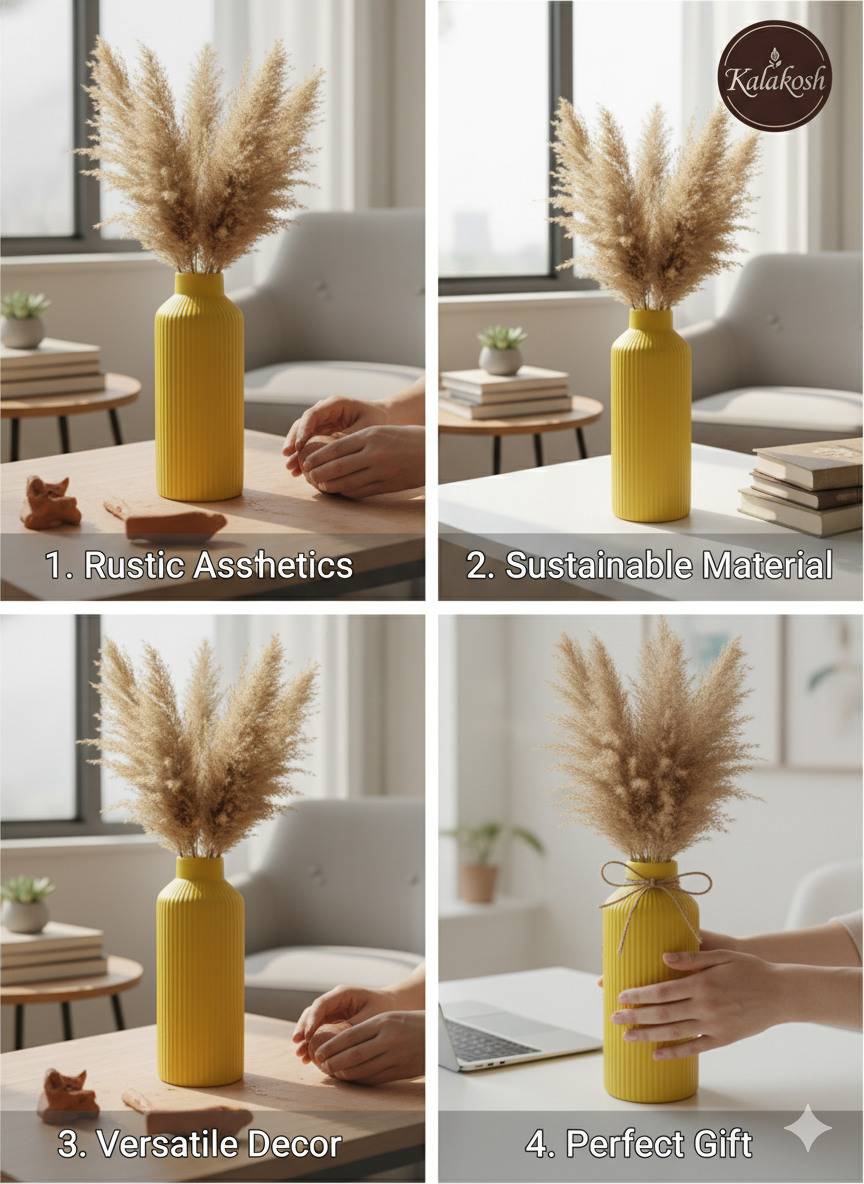 Handcrafted Yellow Fluted Ceramic Planter | Eco-Friendly Clay Vase for Rustic Home & Office Decor | Artisan Table Centerpiece | Unique Gifting