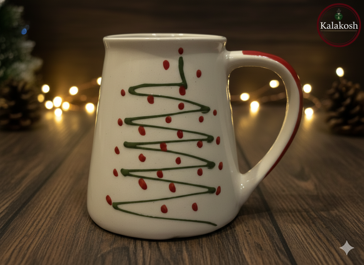 Handcrafted Christmas Tree Ceramic Coffee/Tea Mug for Home Decor, Office Use & Gifting | Premium Clay Cup for Hot & Cold Beverages