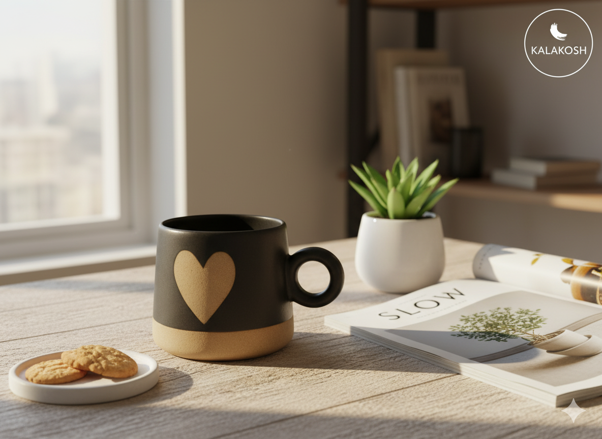 Handmade Black & Terracotta Heart Mug | Premium Ceramic Coffee Cup for Home Use & Office | Unique Home Decor Piece & Perfect Gifting Idea