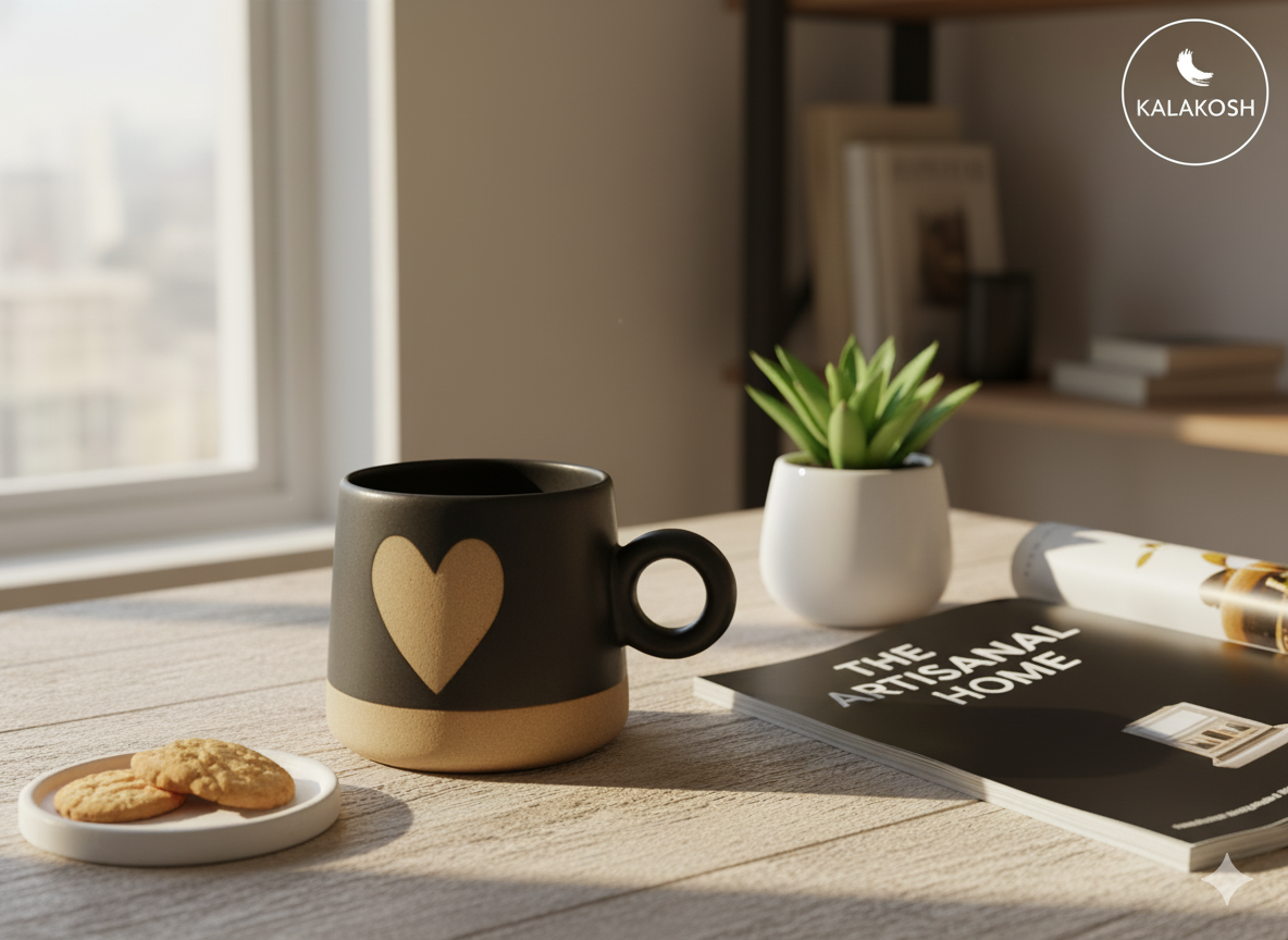 Handmade Black & Terracotta Heart Mug | Premium Ceramic Coffee Cup for Home Use & Office | Unique Home Decor Piece & Perfect Gifting Idea