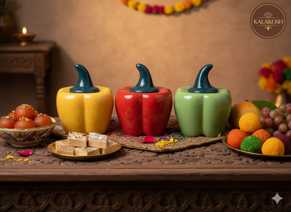 Premium Ceramic Pickle Jar Container Set of 3 | Bell Pepper Design | Home Décor Vase for Kitchen & Dining | Office Use Storage | Multipurpose Home Use Set