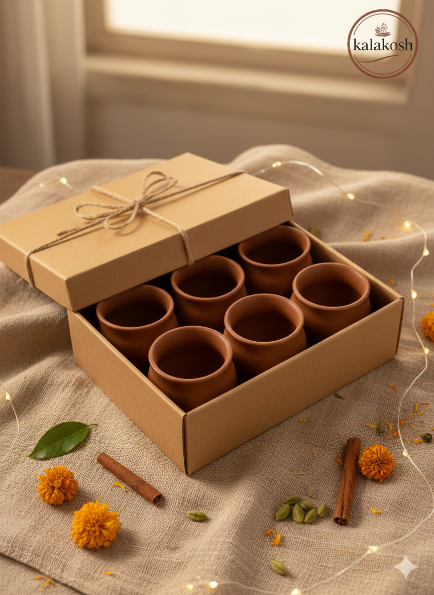 Authenticated Handcrafted Terracotta / Clay Reusable Glass / Kulhad (250 ml) - Set of 6 || Natural Earthen Clay Serve Ware for Tea / Coffee, Hot and Cold Beverages & Traditional Dining