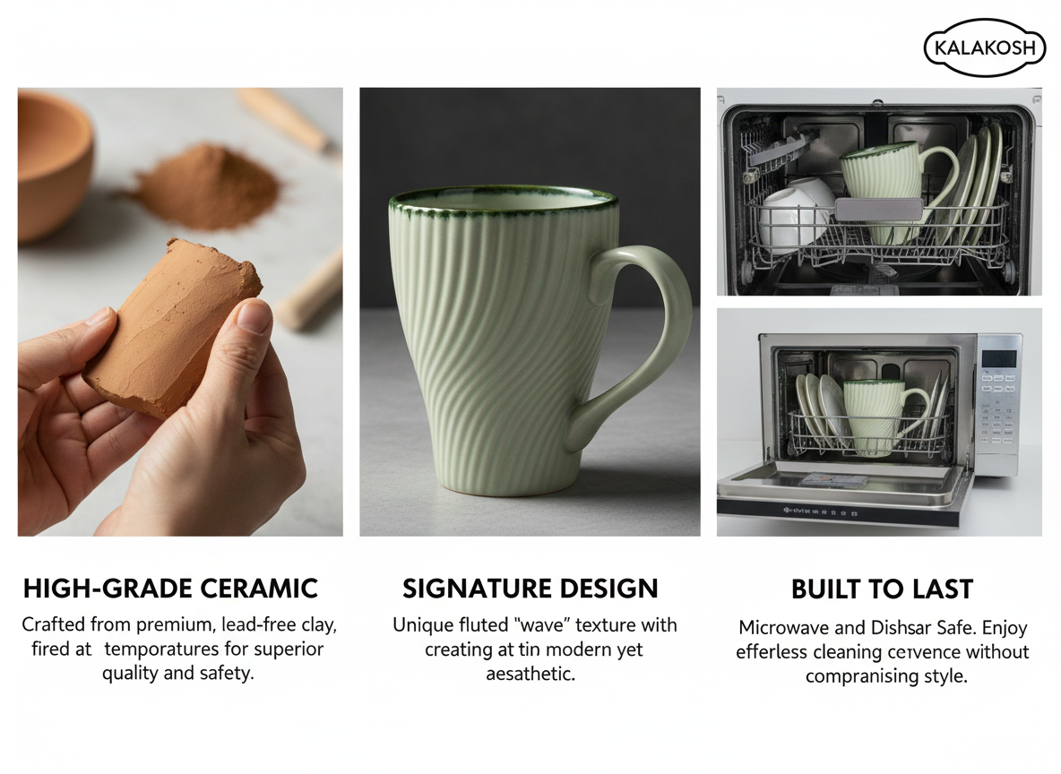 Premium Ceramic Coffee Mug for Home and Office Use - 350ml Fluted Tea Cup for Kitchen & Dining - Aesthetic Drinkware for Hot Beverages - Elegant Home Decor Gift Item (Sage & Forest Green)