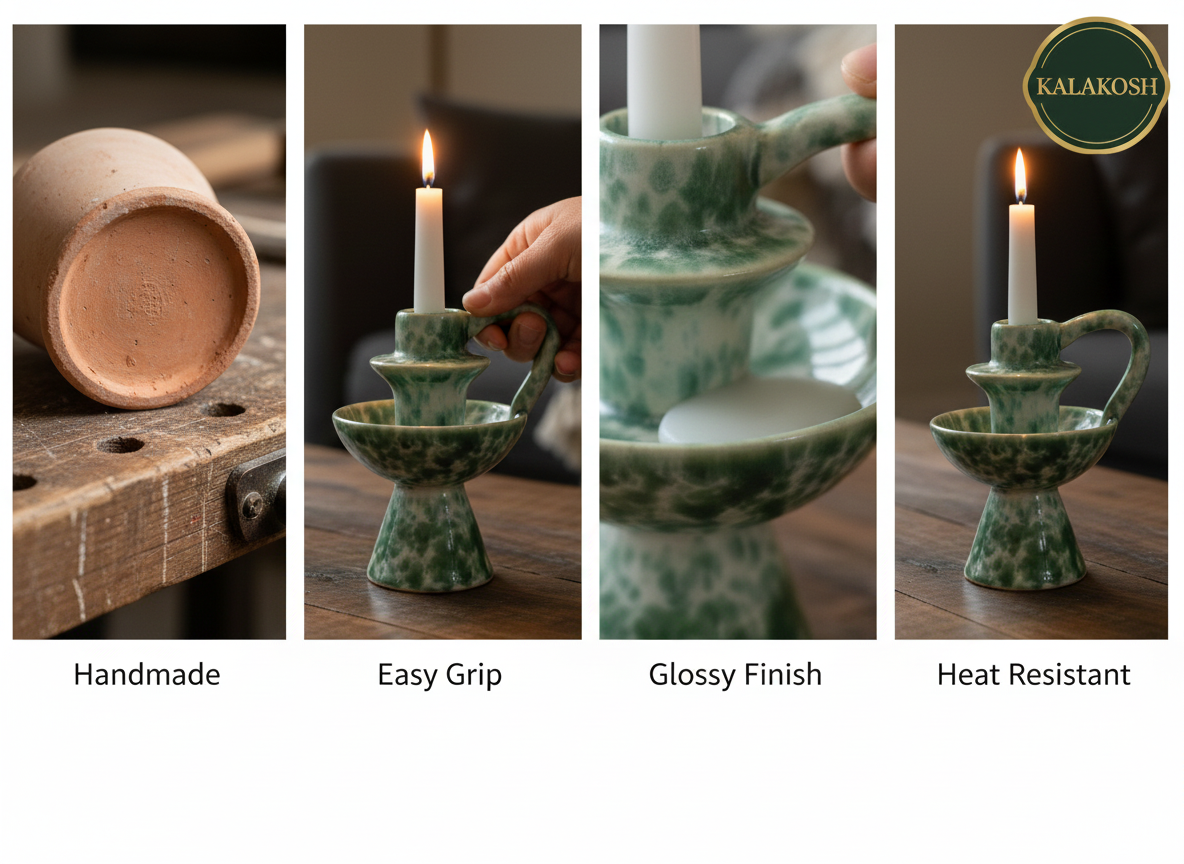 Premium Handcrafted Ceramic Candle Stand for Home Decor – Elegant Green Sponge Glazed Chamberstick with Handle for Living Room, Office Use, Festive Gifting & Aesthetic Home Decor Vase Accessory