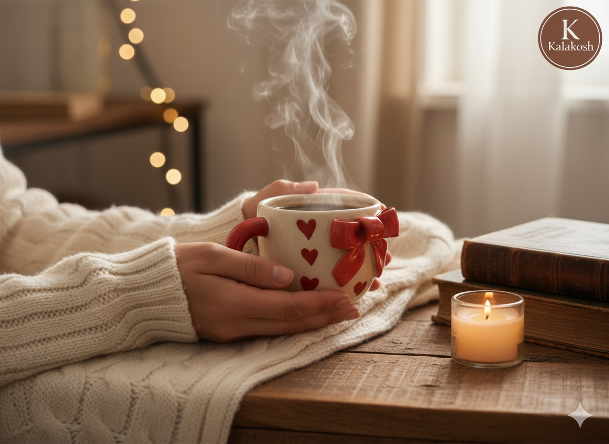 Handcrafted Ceramic Coffee/Tea Mug | Adorable Red Heart & Bow Design | Home Decor, Office Use | Premium Aesthetic Gift for Her/Him