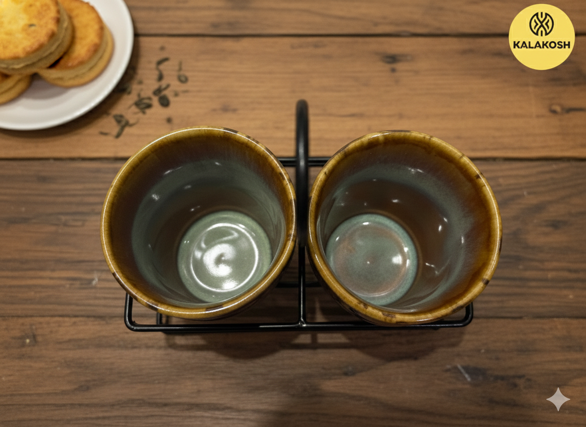 Premium Ceramic Tea & Coffee Cup Set of 2 with Metal Carrier Stand | Handcrafted Earthy Glaze Kulhad Mugs for Home Decor, Office Use & Kitchen | Rustic Aesthetic Studio Pottery Gift Set