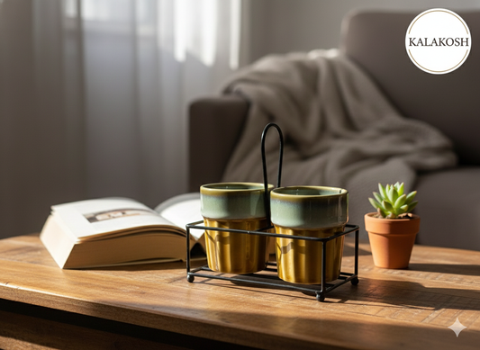 Premium Ceramic Cutting Chai & Coffee Cup Set with Metal Carrier Stand (Set of 2) – Handcrafted Dual-Tone Kullad Mugs for Home Decor, Kitchen, Office Use & Gifting – Elegant Home Decor Vase Style