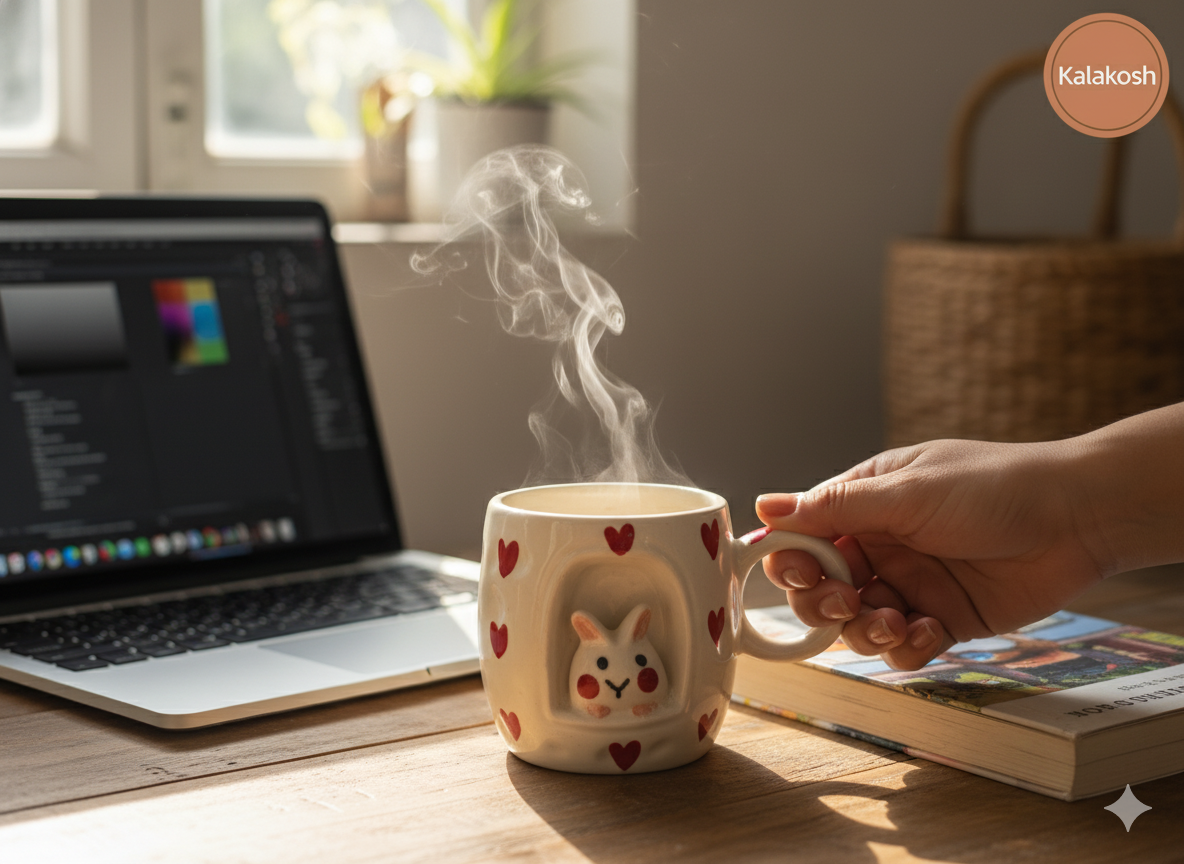Whimsical Ceramic Coffee/Tea Mug Set Combo - 2 Cute Mugs with Lid | Kawaii Bunny & Mushroom Design | Home Decor, Office Use, Unique Gifting Item