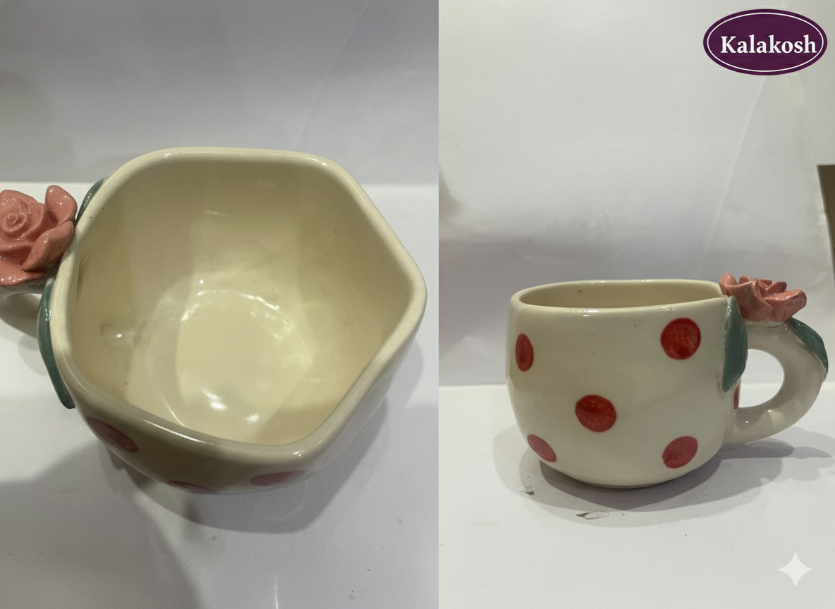 Charming Polka Dot Ceramic Coffee/Tea Mug with 3D Rose Handle | Unique Home Decor, Office Use & Gifting | Premium Stoneware Cup
